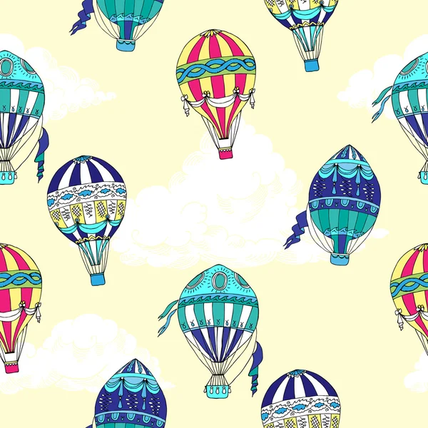 Nahtloses Muster mit Wolken und Heißluftballons — Stockvektor