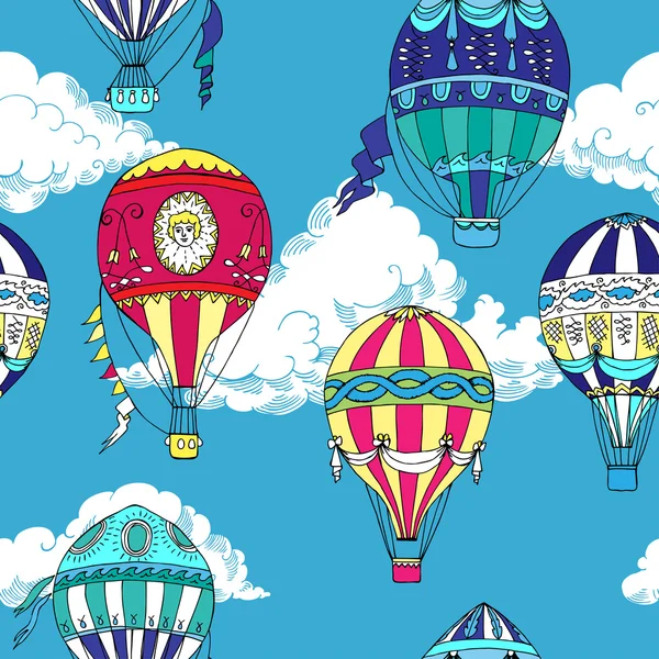 Seamless pattern with clouds and hot air ballons — Stock Vector