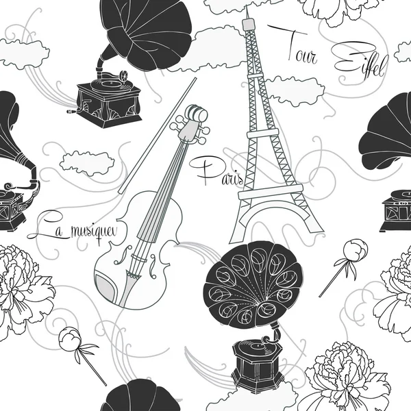 Seamless pattern with  Paris and music — Stock Vector