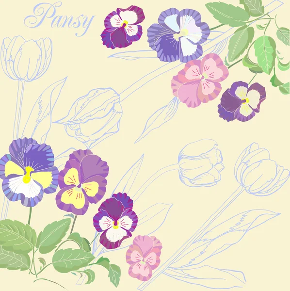 Hintergrund mit Stiefmütterchen und Tulpen — Stockvektor