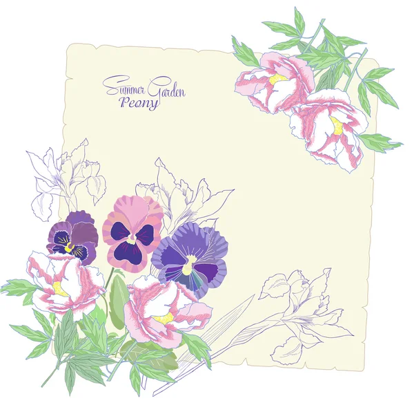 Sfondo con fiori peonie, iris — Vettoriale Stock