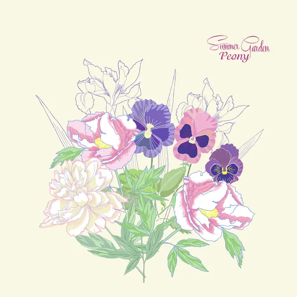 背景与牡丹、 鸢尾花和三色紫罗兰-01 — 图库矢量图片