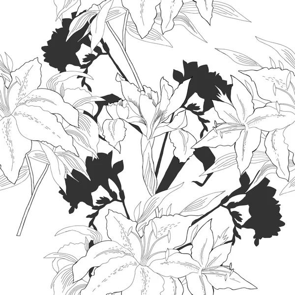 Motif sans couture noir et blanc avec fleurs-06 — Image vectorielle