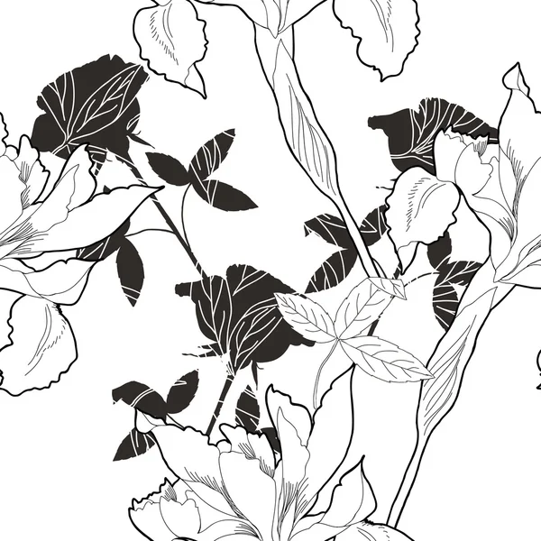 Modèle sans couture noir et blanc avec des fleurs-10 — Image vectorielle