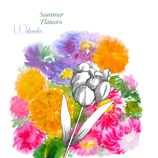Fondo con flores de verano y acuarelas-01 — Archivo Imágenes Vectoriales