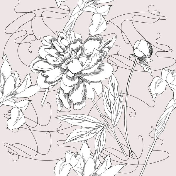 Seamless pattern  black and white.Peonies and iris — Stock Photo, Image