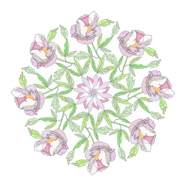 Ornement rond avec pivoines de couleur — Image vectorielle