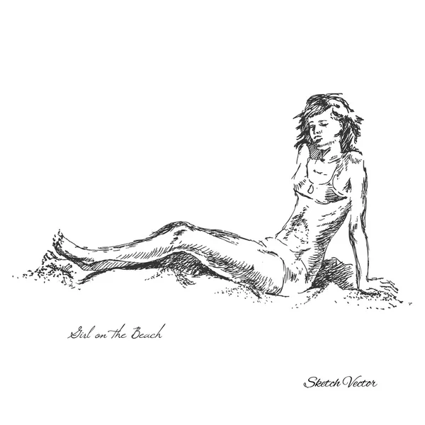 Fille sur la plage.Croquis dessin — Image vectorielle