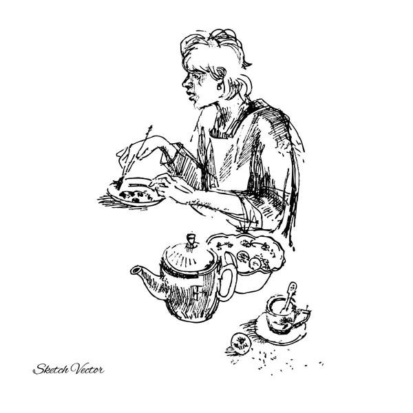 Femme au petit déjeuner.Croquis dessin — Image vectorielle