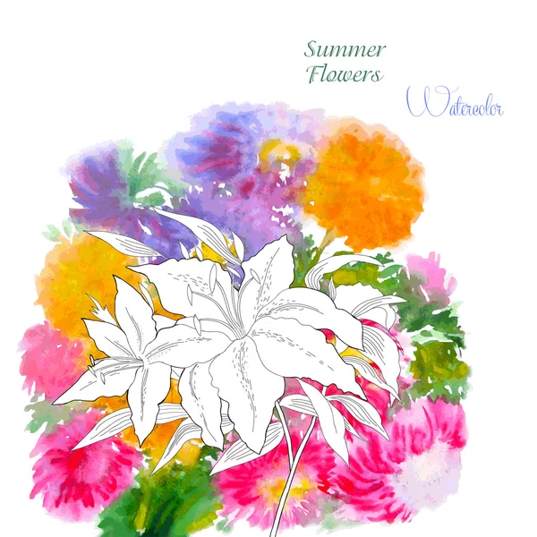 Hintergrund mit Sommerblumen und Aquarellen-04 — Stockvektor