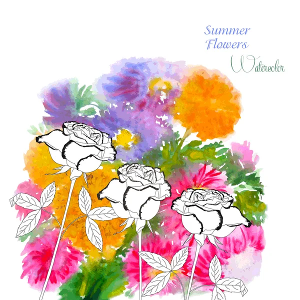 Background  with summer flowers and watercolors-08 — Stock Vector