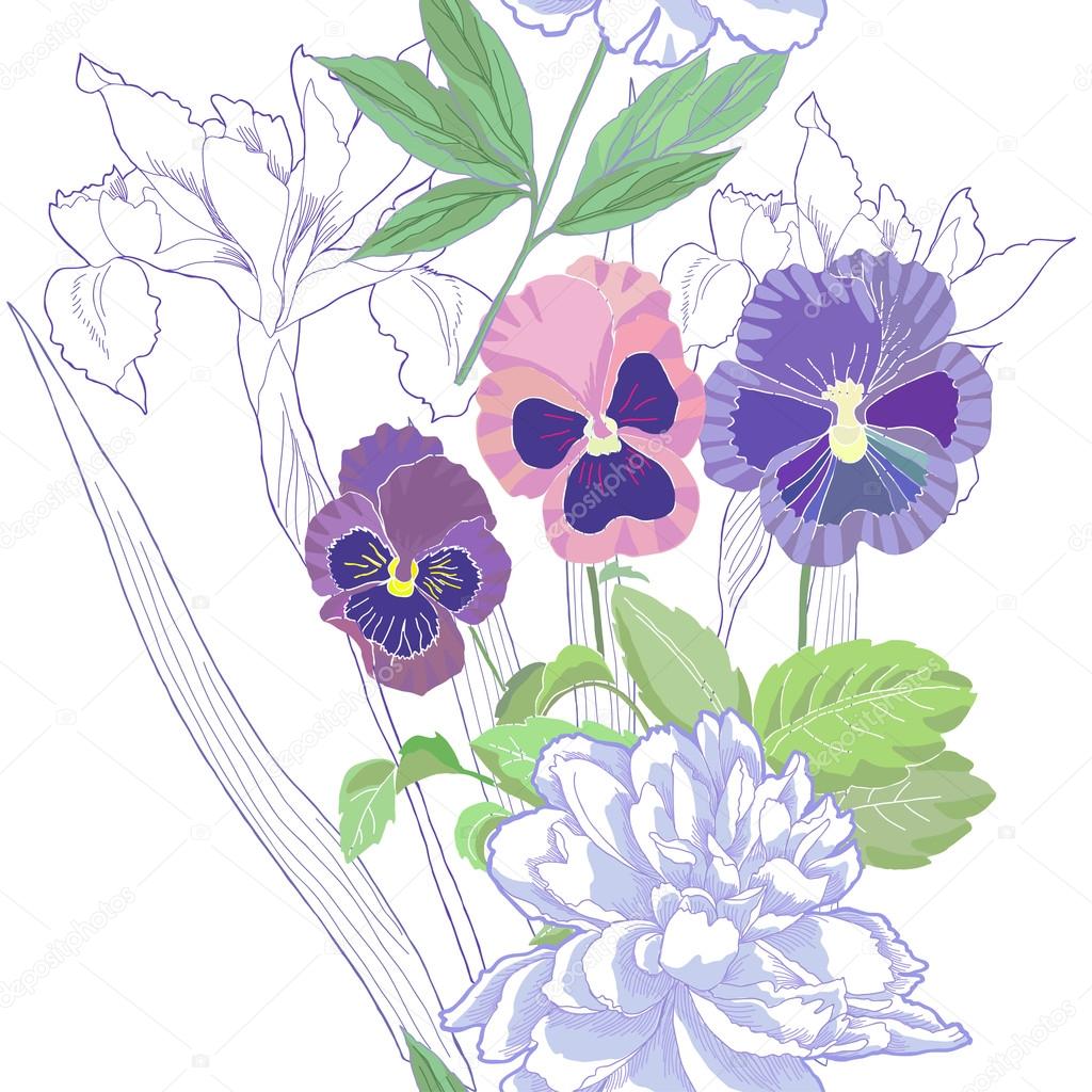 White seamless pattern  with peonies and pansy