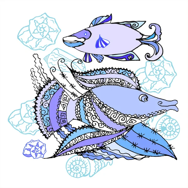 Deux poissons et coquillages — Image vectorielle