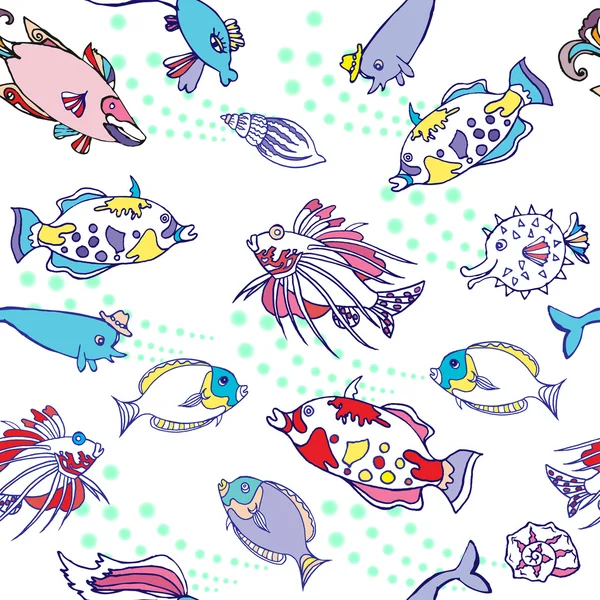 Modèle sans couture avec des poissons de couleur et des bulles — Image vectorielle