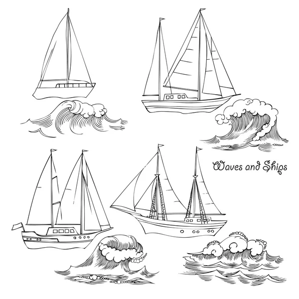 波浪和船。组的草图 — 图库矢量图片