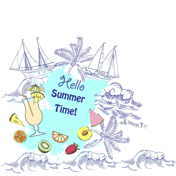 Літній фон з коктейльним склом та фруктами — стоковий вектор