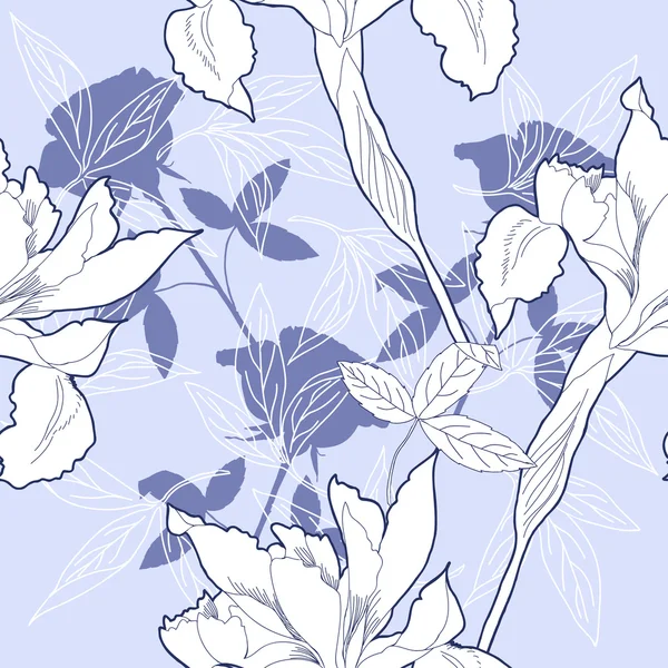 Motif sans couture avec des fleurs noires et blanches — Image vectorielle