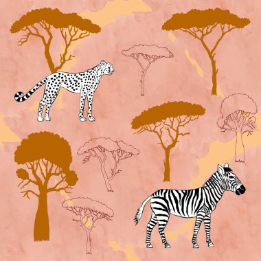 Çita, zebra ve savana ağaçlar