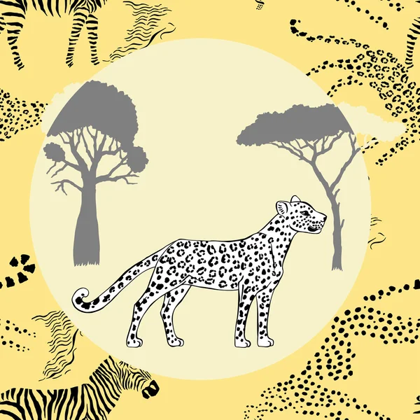 Leopardo tra alberi di savana — Vettoriale Stock