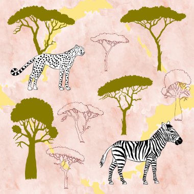 Çita, zebra ve savana ağaçlar