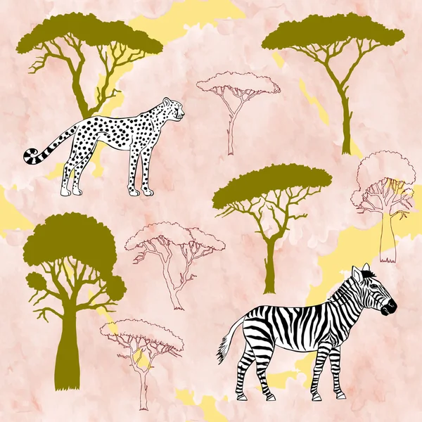 猎豹、 斑马和稀树草原的树 — 图库矢量图片