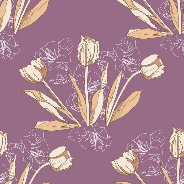 チューリップの花とのシームレスなパターン — ストックベクタ