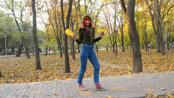 Ragazza con i capelli rossi nel parco autunnale — Video Stock