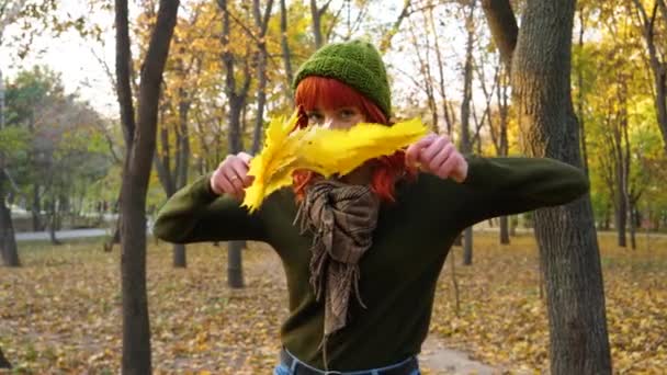 Sonbahar parkında kızıl saçlı kız. — Stok video
