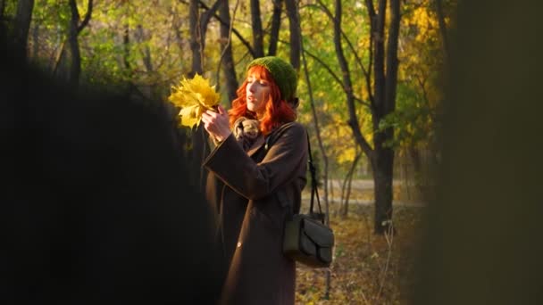 Ragazza con i capelli rossi nel parco autunnale — Video Stock