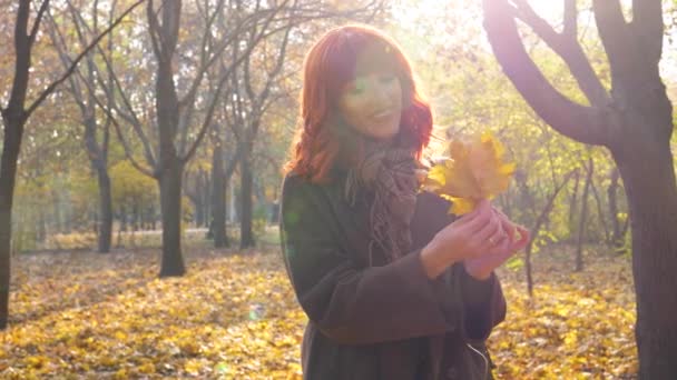 Menina com cabelo vermelho no parque de outono — Vídeo de Stock