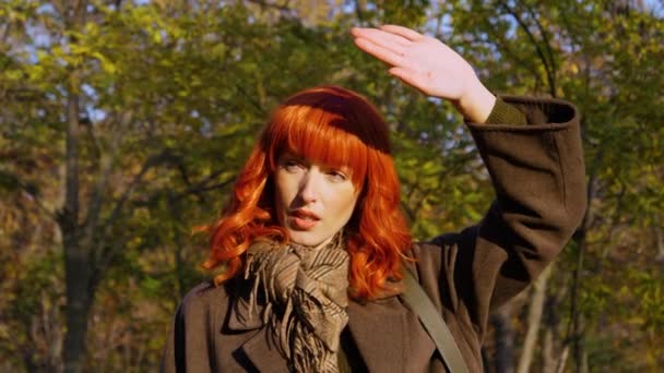 秋天公园里红头发的女孩 — 图库视频影像