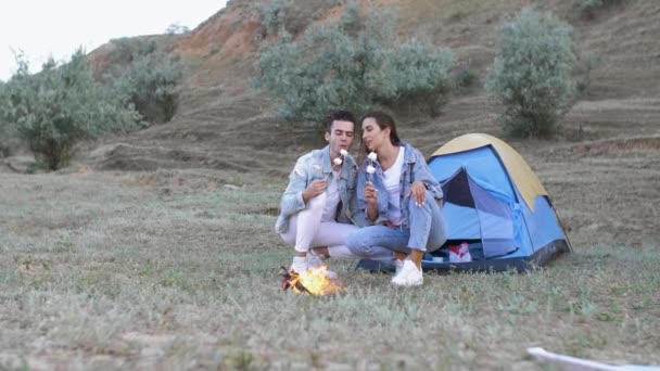Jongen met meisje picknick met tent — Stockvideo