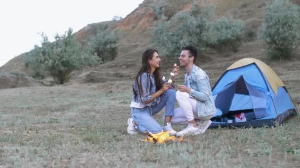 Kerl mit Mädchen Picknick mit Zelt — Stockvideo