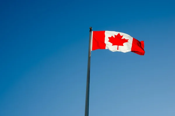 Bandera canadiense ondeando sobre el cielo azul —  Fotos de Stock