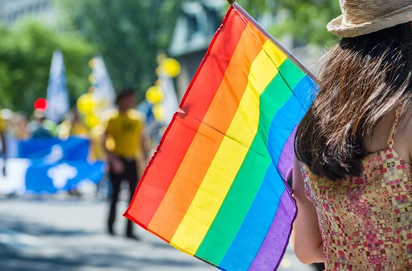 Una espectadora femenina sostiene la bandera gay del arco iris en el G 2015 —  Fotos de Stock