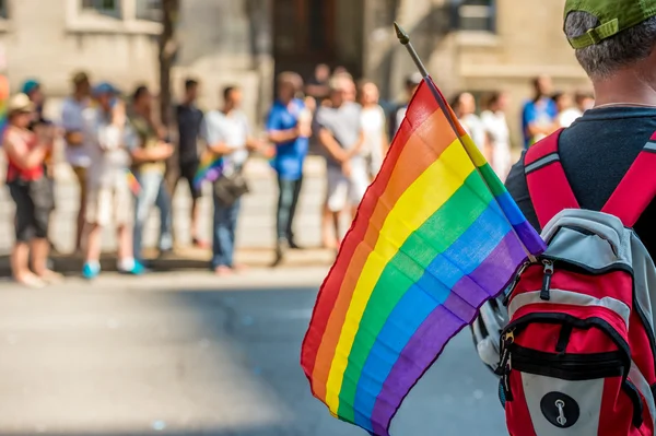 Adam eşcinsel Gökkuşağı bayrağı tutar — Stok fotoğraf