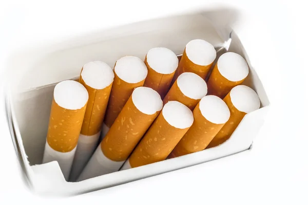 Top view of a pack of cigarettes over white background — Stock Photo, Image
