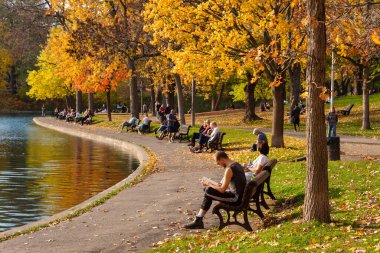 Montreal, CA - 23 Ekim 2020: İnsanlar sonbahar sezonunda La Fontaine Park 'ta sıcak ve güneşli bir günün tadını çıkarıyorlar