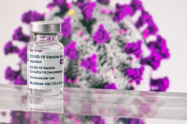 Montreal, CA - 2 March 2021: Vial of Astrazeneca Covid-19 vaccine in front of virus illustration