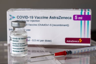 Montreal, CA - 1 March 2021: Vial of Astrazeneca Covid-19 vaccine in front of vaccine box