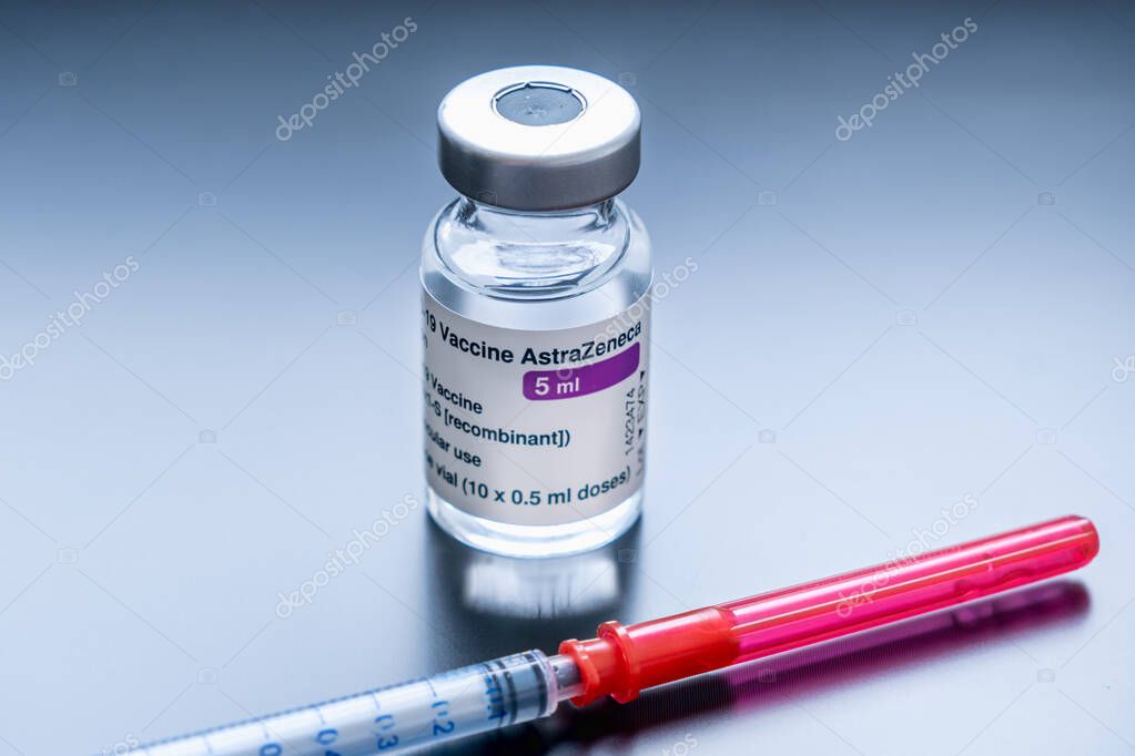 Montreal, CA - 16 March 2021: Vial of Astrazeneca Covid-19 vaccine