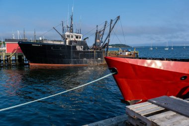 Lunenburg, Nova Scotia, Kanada - 12 Ağustos 2021: Körfezin karşısındaki Lunenburg limanı. Lunenburg bir UNESCO Dünya Mirası Alanı.