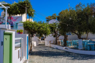 Folegandros, GR - 27 Ağustos 2025: Meydanda büyük ağaçların altında boş restoran masaları ve sandalyeler bulunuyor.