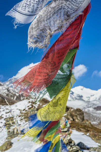 Banderas de oración en el Himalaya con el pico de Ama Dablam en el backgr —  Fotos de Stock