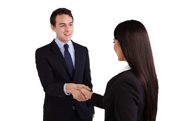 A young Caucasian business man is shaking hand with a business w Stock Picture