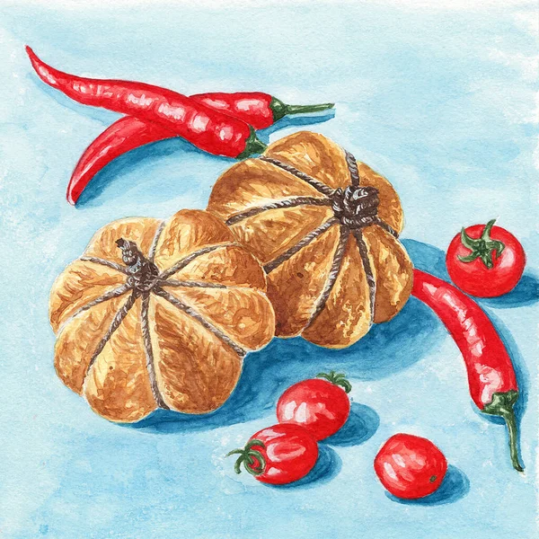 Pan Calabaza Acuarela Dibujado Mano Con Chiles Tomates — Foto de Stock