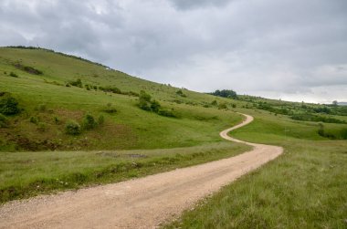 Bulutlu yeşil çimenli kırsal yol