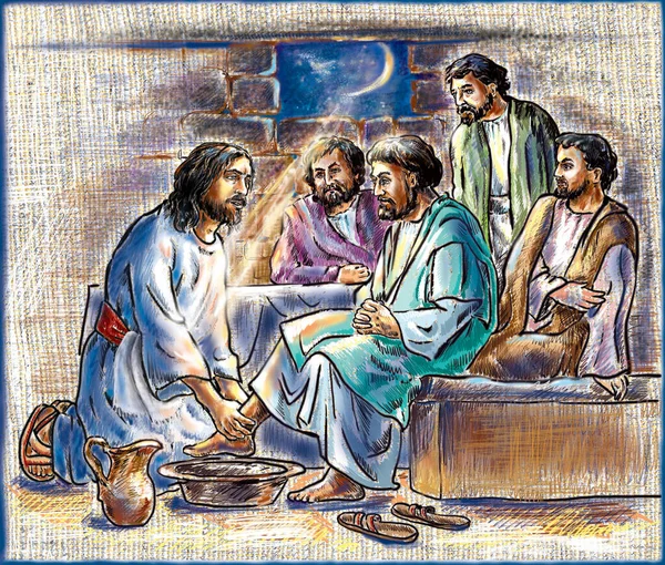 Maundy Thursday Good Holy Thursday Color Illustration Jesus Apostles Washing — Stock Photo, Image