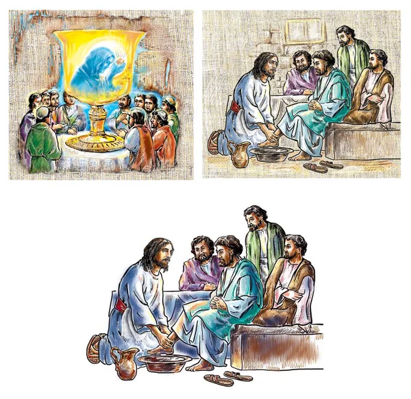 Maundy Thursday, Good or Holy.  Thursday color illustration with Jesus and the 12 Apostles. The establishment of the Holy Eucharist .