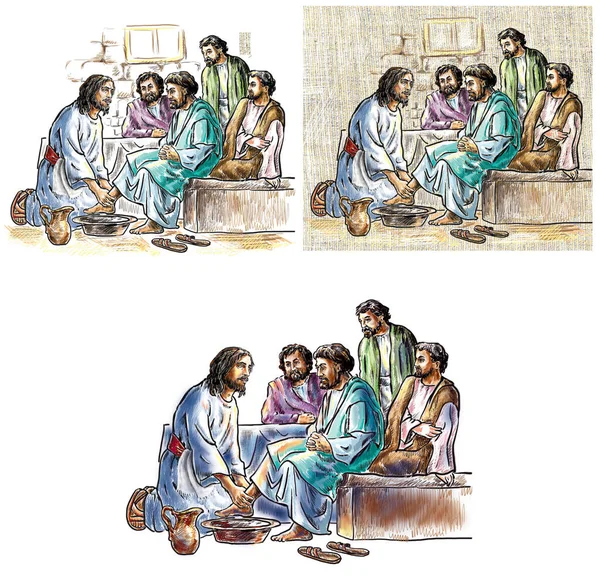 Jesus washes the feet of the Apostles.